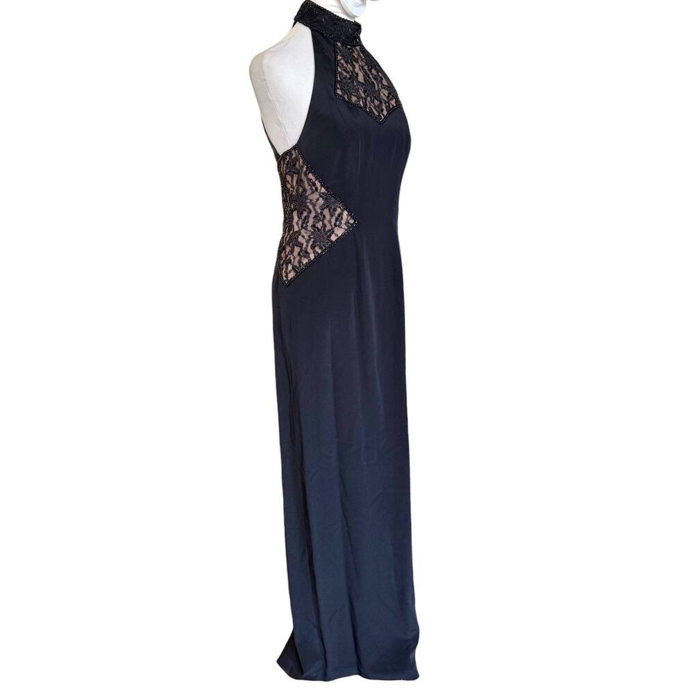 VTG Black Tie Oleg Cassini 100% Silk Beaded Cutout Halter Evening Gown